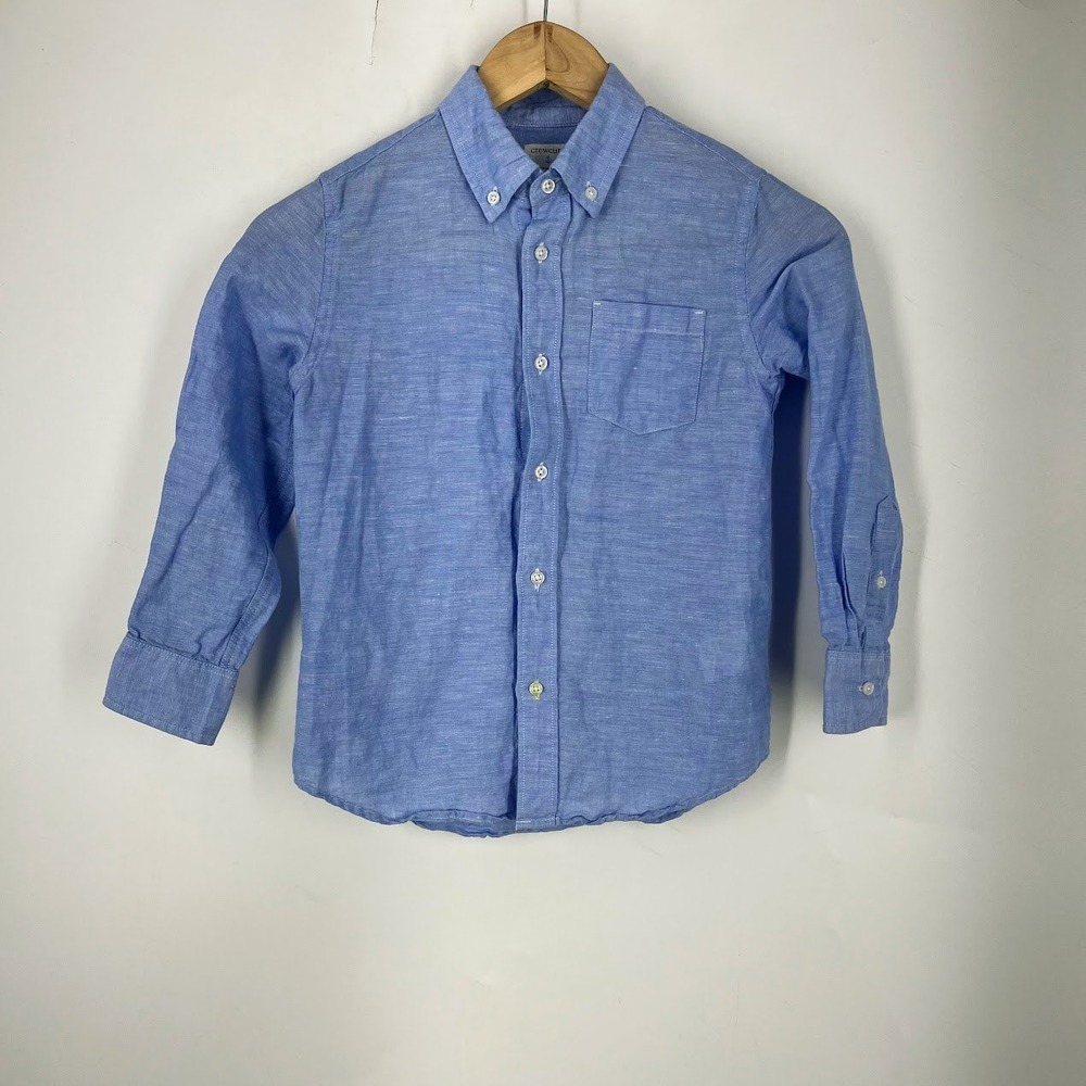 Crewcuts Boys Blue Linen Cotton Button Down Shirt Size 6-7 Long Sleeve